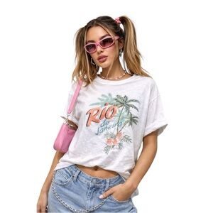 Rio de Janeiro Graphic T Shirt XS White Tropical Palm Tree Floral Vacation Tee